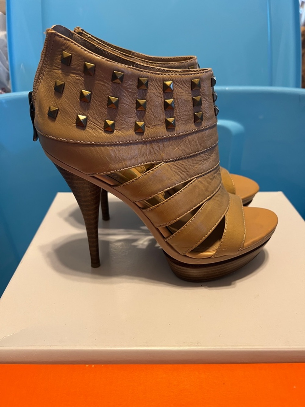 “Two Lips” Studded Beige Faux Leather Women’s Open-Toe Heels